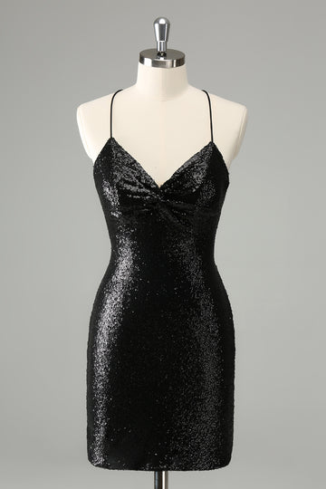 Elegante vestido de cóctel con escote halter y lentejuelas negras con cordones en la espalda